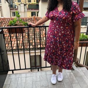 Junarose Burgundy Red Floral V-Neck Midi Dress Ruffle SIZE US 22